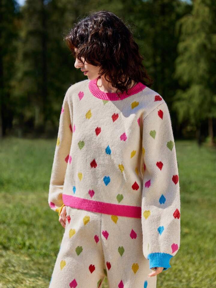 CM-CS199063 Women Casual Seoul Style Contrast Color Heart Pattern Crew Neck Long Sleeve Sweater