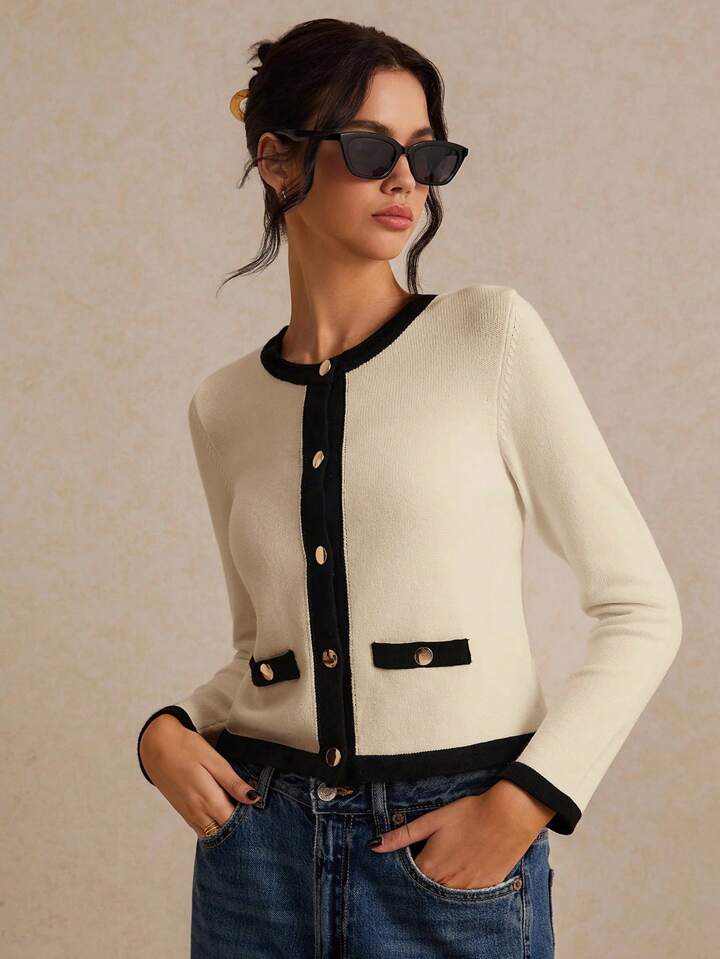 CM-CS885110 Women Casual Seoul Style Color Block Long Sleeve Trim Metal Button Front Knit Cardigan