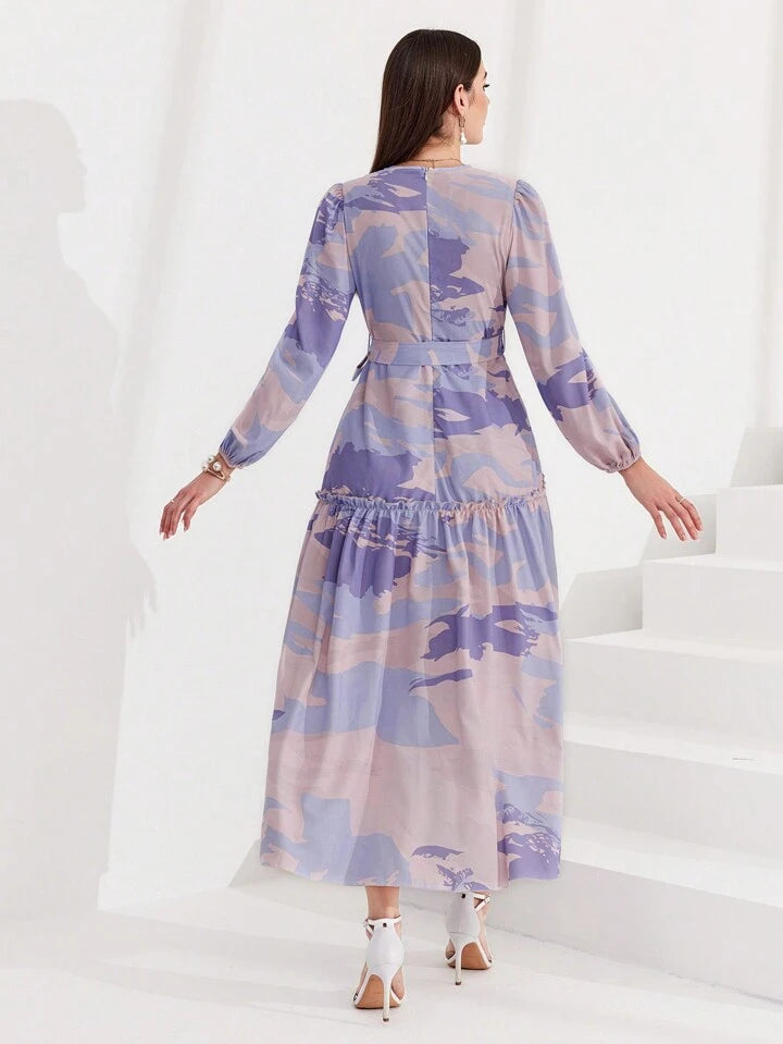 CM-DS911061 Women Elegant Seoul Style Allover Print Lantern Sleeve Belted Dress