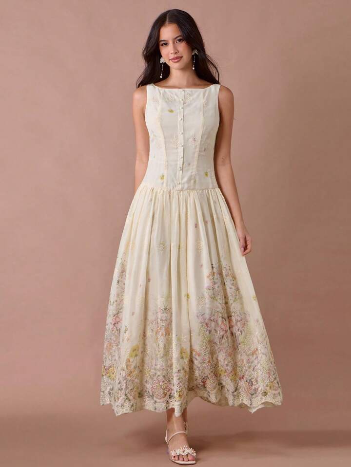 CM-DS074678 Women Elegant Seoul Style Floral Print Embroidered Single-Breasted Sleeveless Long Dress