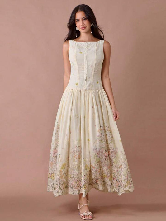 CM-DS074678 Women Elegant Seoul Style Floral Print Embroidered Single-Breasted Sleeveless Long Dress