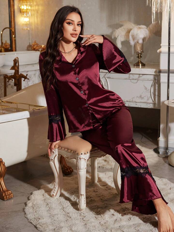 CM-LS104802 Women Trendy Seoul Style Lapel Neckline Lace Trim Cardigan Sleepwear Set - Burgundy