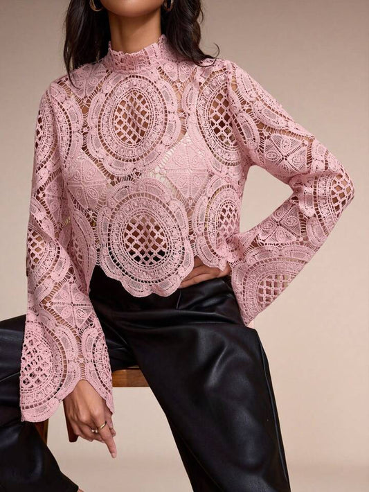 CM-TS544222 Women Casual Seoul Style Stand Collar Lace Hollow-Out See-Through Blouse - Pink