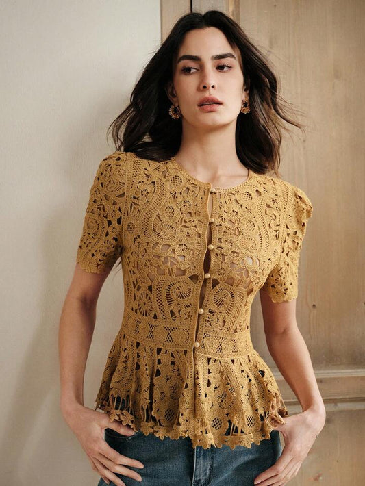 CM-TS411908 Women Casual Seoul Style Round Neck Short Sleeve Hollow Floral Patterned Waist A-Line Knit Top - Yellow
