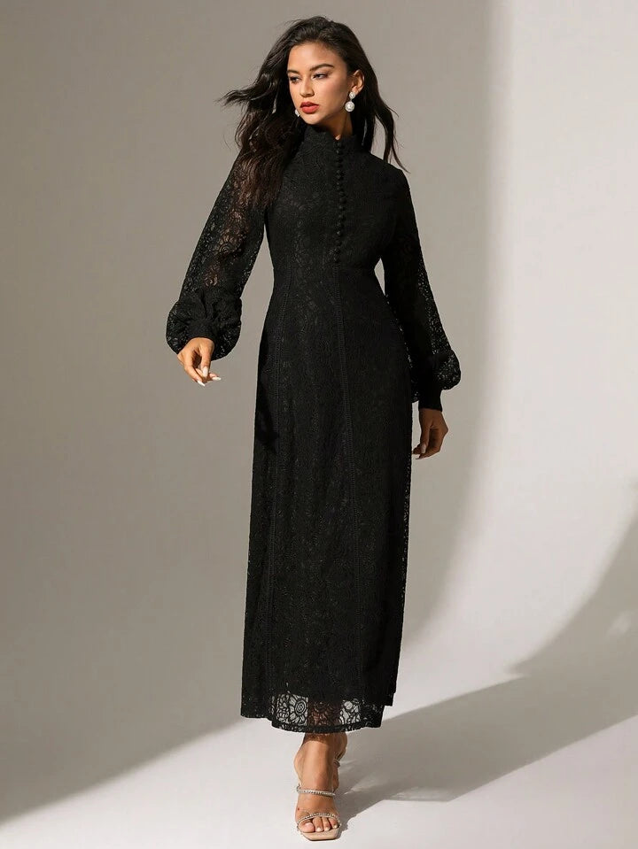 CM-DS748677 Women Elegant Seoul Style Lace Mandarin Collar Long Sleeve A-Line Dress - Black