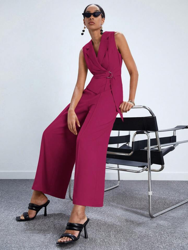 CM-JS558911 Women Elegant Seoul Style Lapel Neckline Sleeveless Wide Leg Jumpsuit - Hot Pink