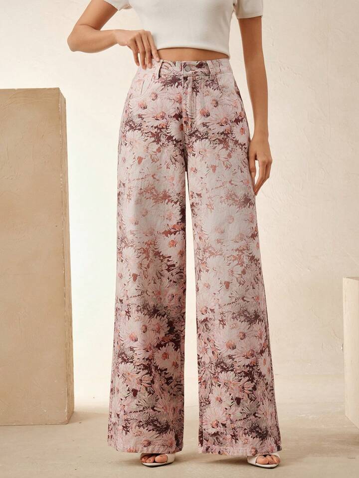 CM-BS072064 Women Casual Seoul Style Floral Printed High-Waisted Wide Leg Jeans - Pink