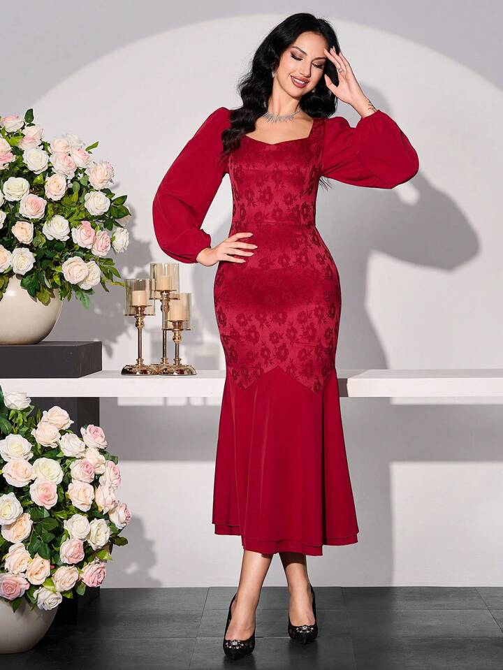 CM-DS997032 Women Elegant Seoul Style Sweetheart Neck Lantern Sleeve Mermaid Hem Lace Dress - Burgundy