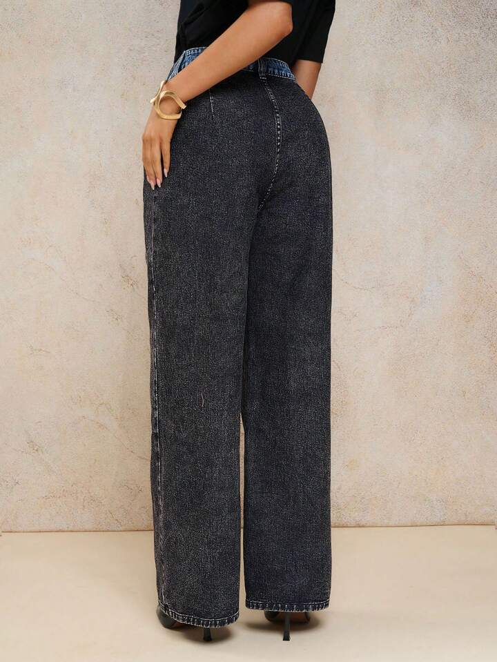 CM-BS870220 Women Casual Seoul Style Mid Waist Contrast Color Pocket Loose Straight Leg Jeans - Dark Gray
