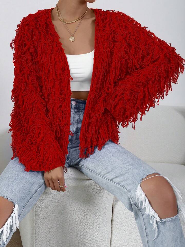CM-CS196292 Women Casual Seoul Style Long Sleeve Shaggy Knit Duster Cardigan - Red