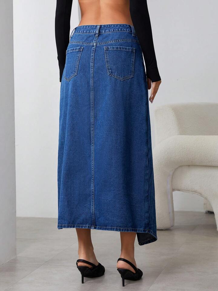 CM-BS878352 Women Casual Seoul Style Dark Wash Pleated Pocket Minimalist Denim Skirt