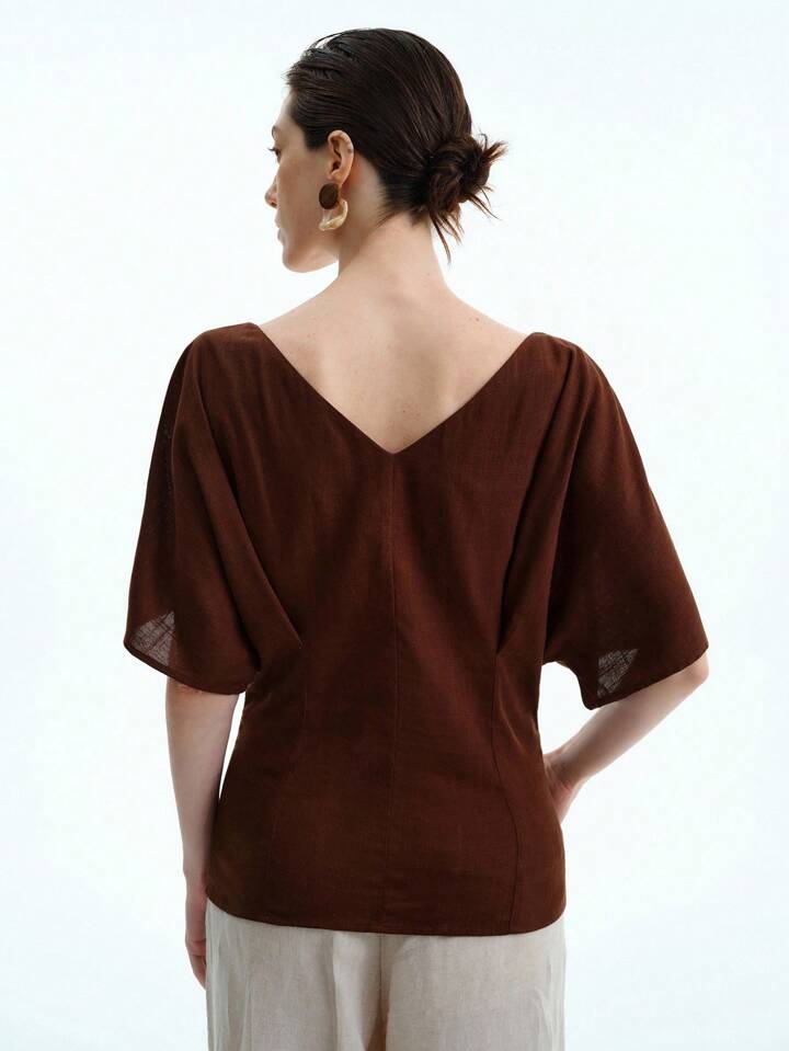 CM-TS441994 Women Casual Seoul Style Solid Color Linen V-Neck Gathered Fitted Raglan Sleeve Front Center Slit Blouse