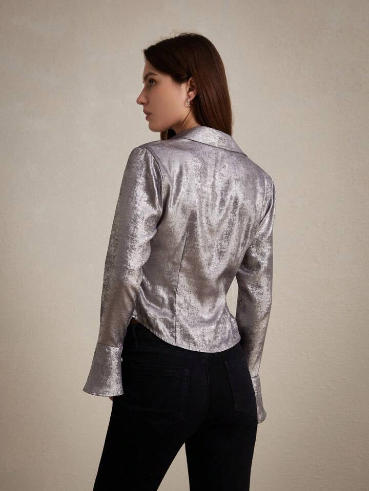 CM-TS271942 Women Elegant Seoul Style Shiny Metallic Gloss Flared Sleeve Shirt - Silver