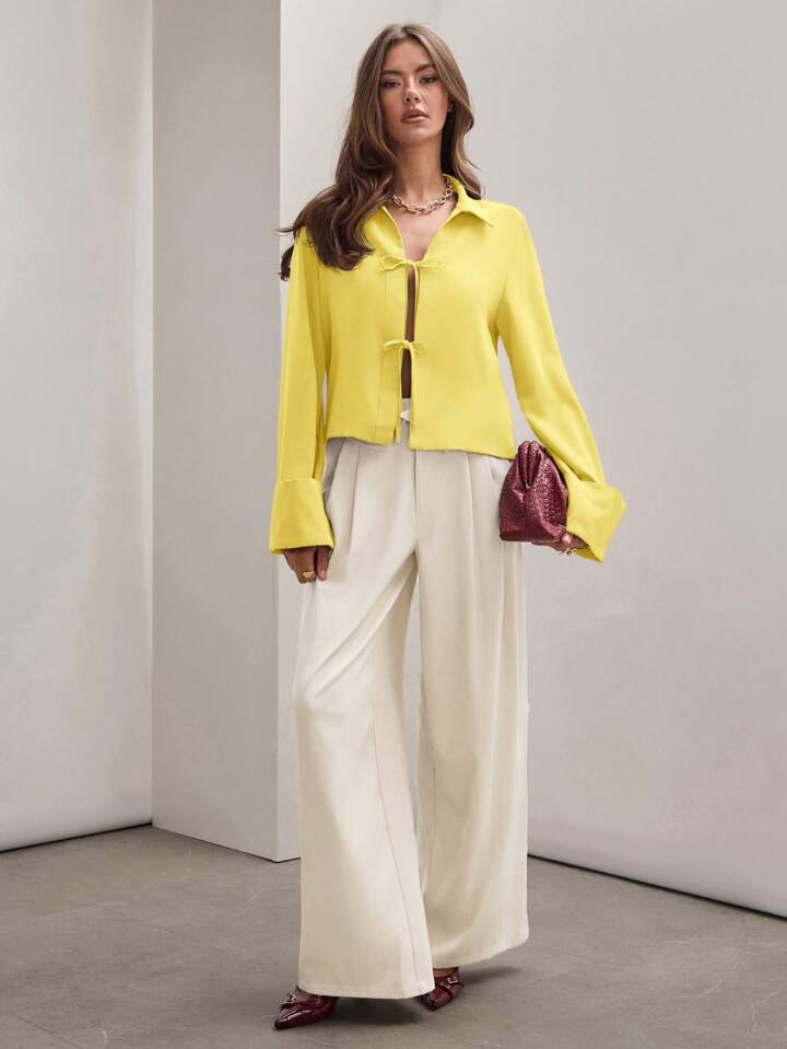 CM-TS885945 Women Trendy Bohemian Style Shirt Collar Front Tie Long Sleeve Shirt - Yellow