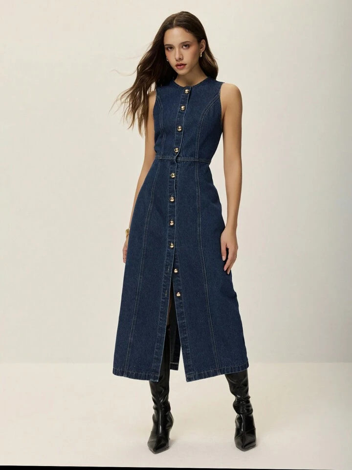 CM-BS846973 Women Casual Seoul Style Round Neck Front Button Sleeveless Midi Denim Dress