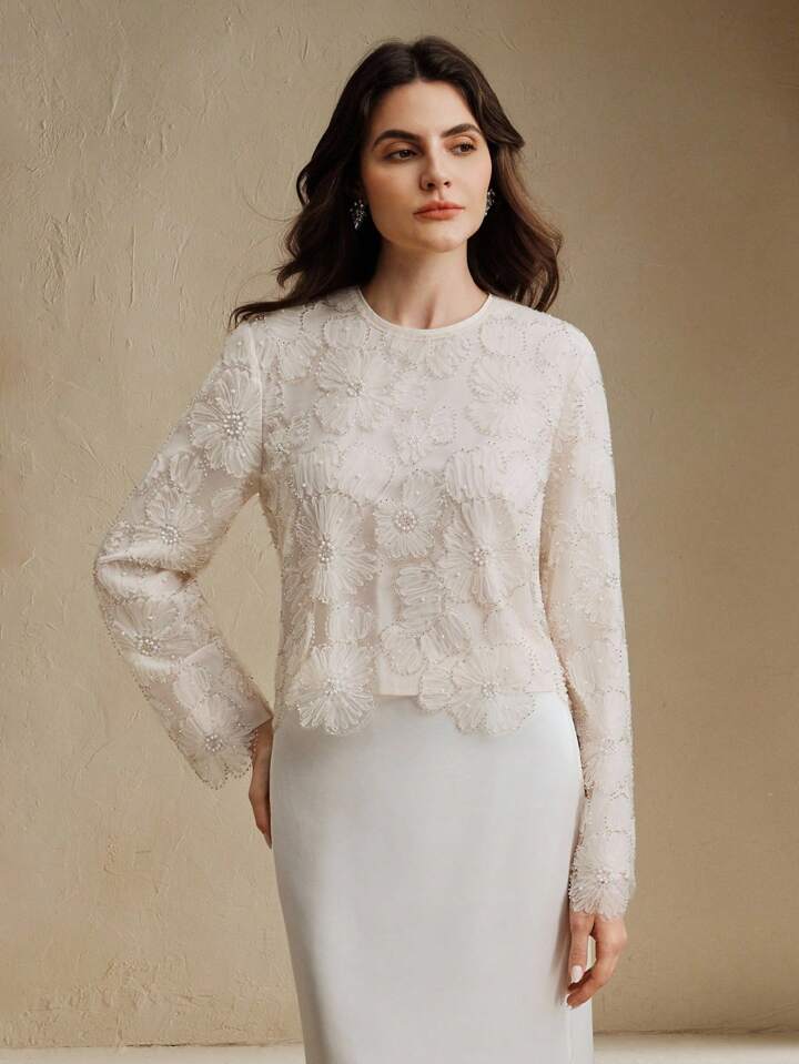 CM-TS303207 Women Elegant Seoul Style Round Neck Long Sleeve Floral Beaded Sheer Blouse - Apricot