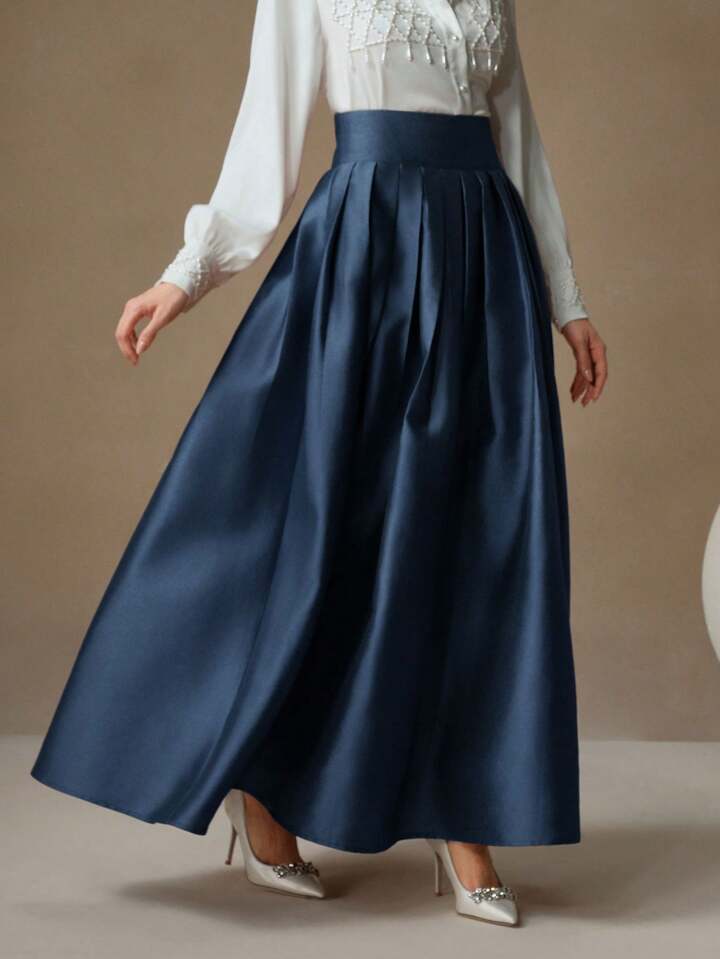 CM-BS166867 Women Elegant Seoul Style High Waisted Puff Pleated Long Skirt - Navy Blue