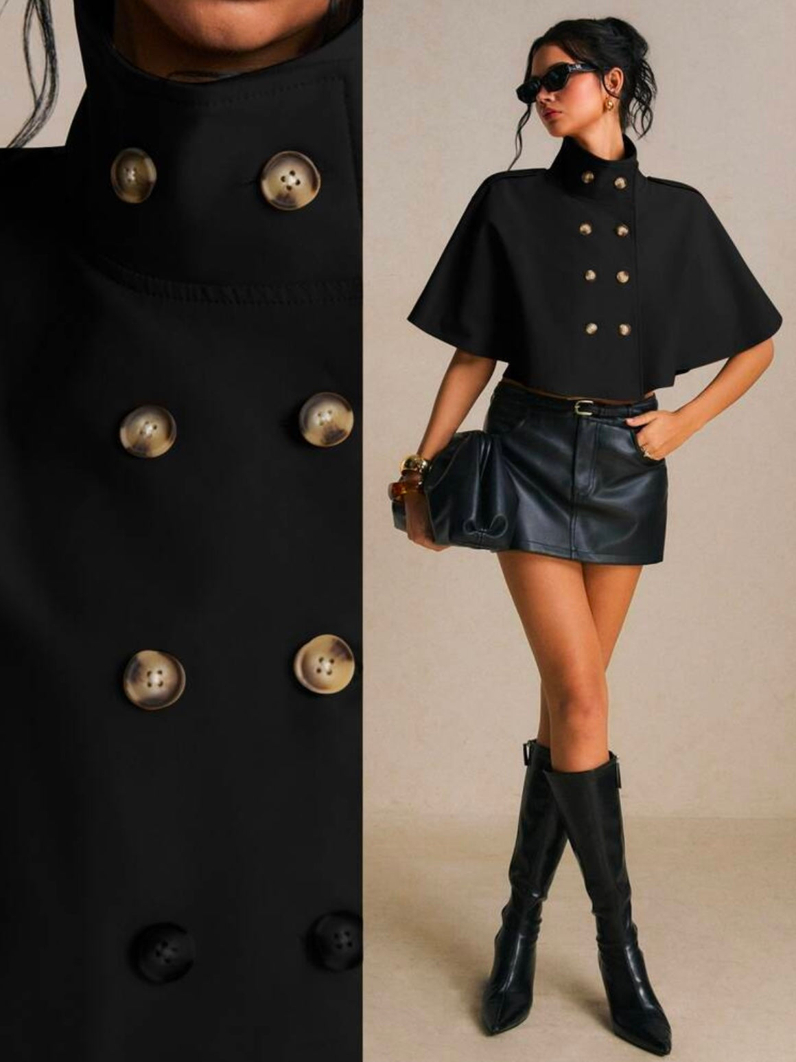 CM-CS774785 Women Elegant Seoul Style Short Sleeve Cropped Double Breasted Cape Trench Coat - Black