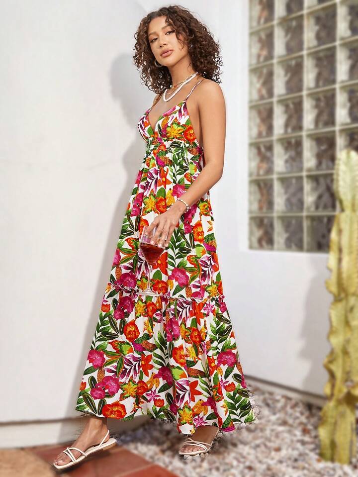 CM-DS573483 Women Trendy Bohemian Style Floral And Plant Print Strappy Backless Dress With Tie Backs