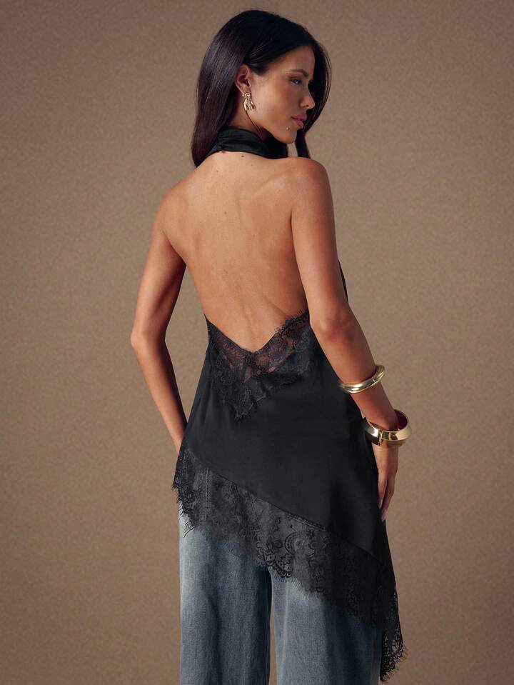 CM-TS478243 Women Elegant Seoul Style Lace Satin Patchwork Sleeveless Trim Backless Camisole Top - Black