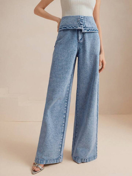 CM-BS088881 Women Casual Seoul Style High Waist Sophisticated Pleated Wide Leg Jeans - Blue