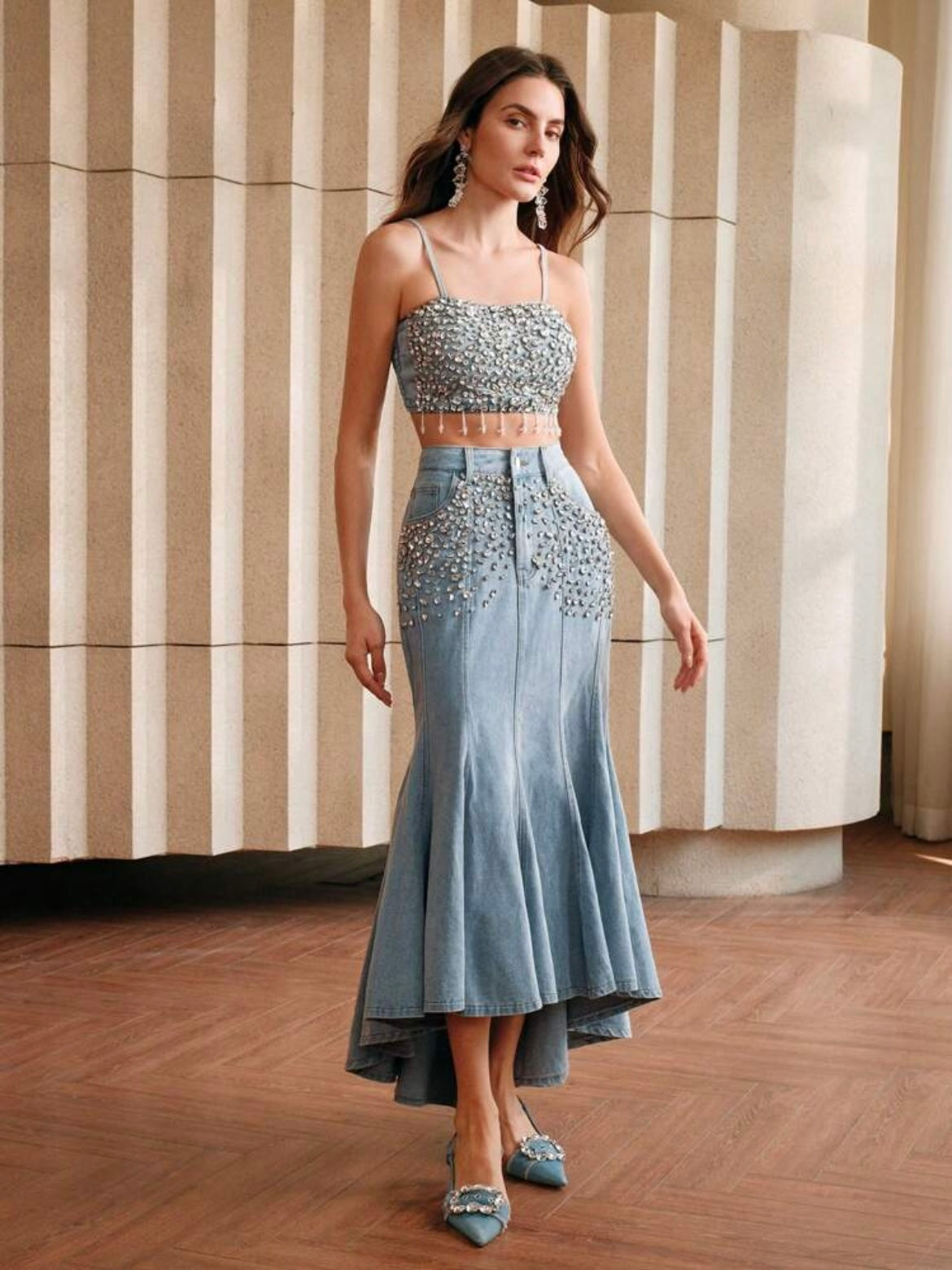 CM-BS729728 Women Elegant Seoul Style Rhinestone Embellished Mermaid Denim Skirt - Blue