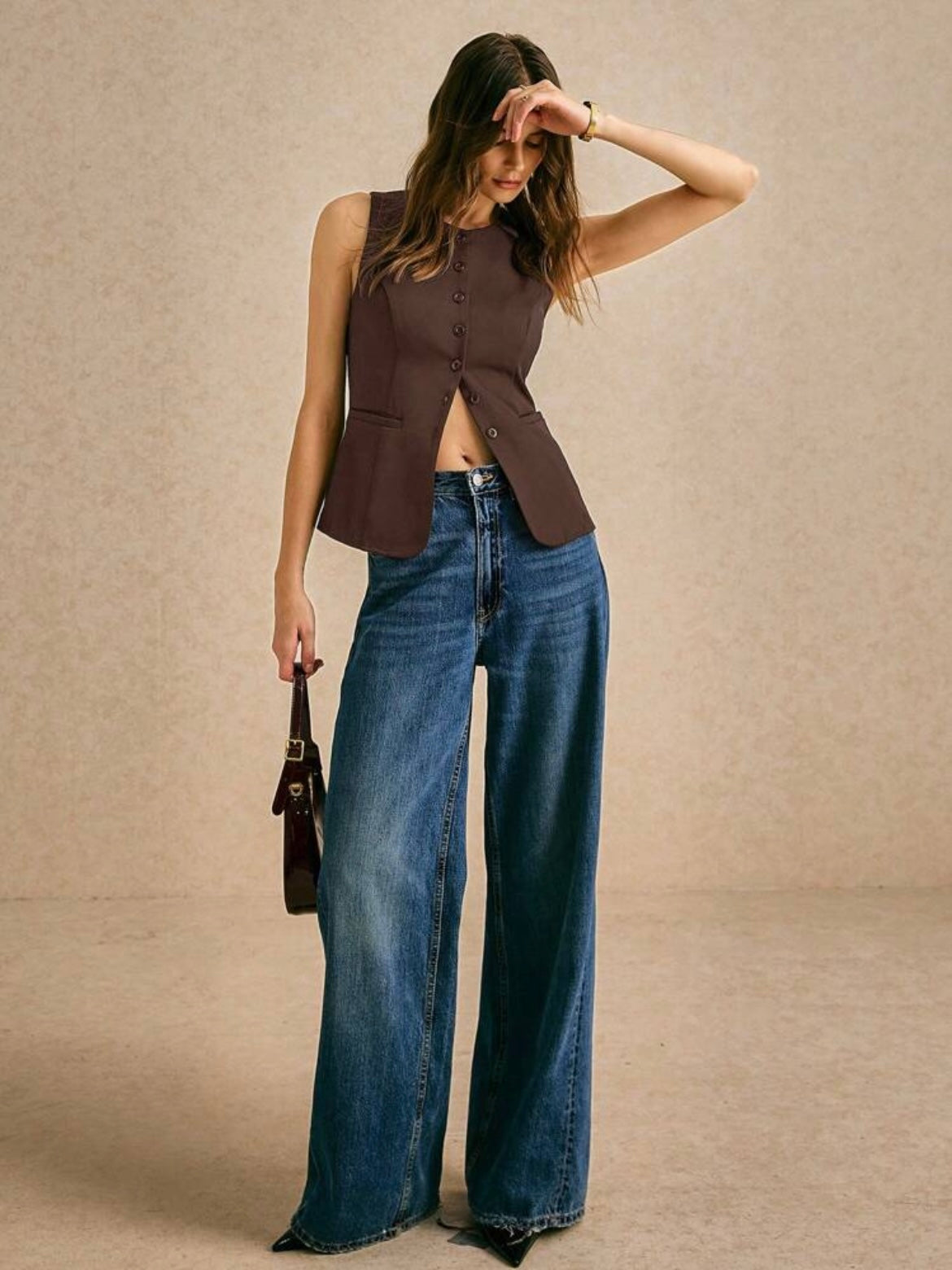 CM-TS520217 Women Casual Seoul Style Round Neck Single-Breasted Sleeveless Shirt - Coffee Brown