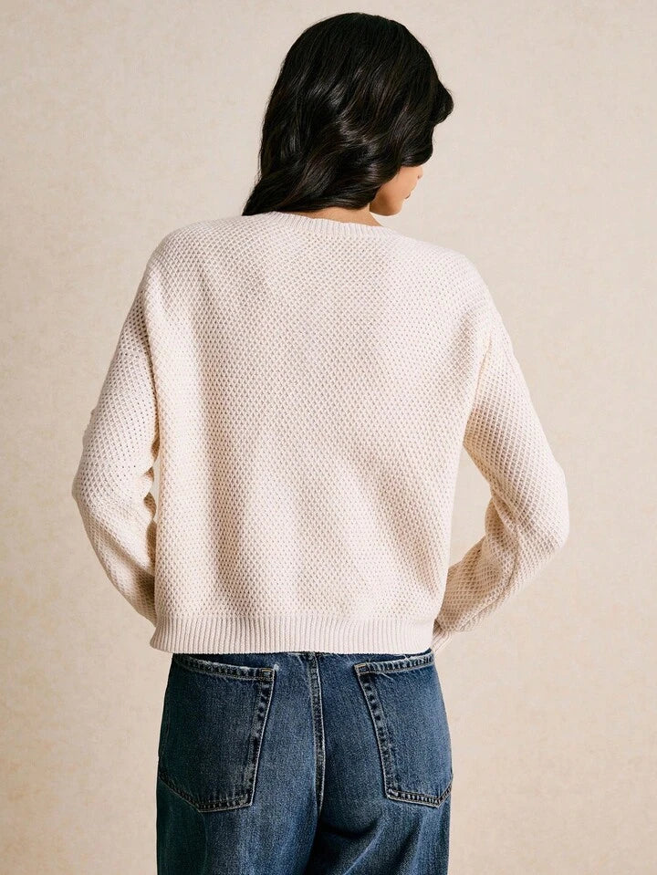 CM-CS434479 Women Casual Seoul Style Round Neck Long Sleeve Hollow Out Button Front Loose Knitted Cardigan