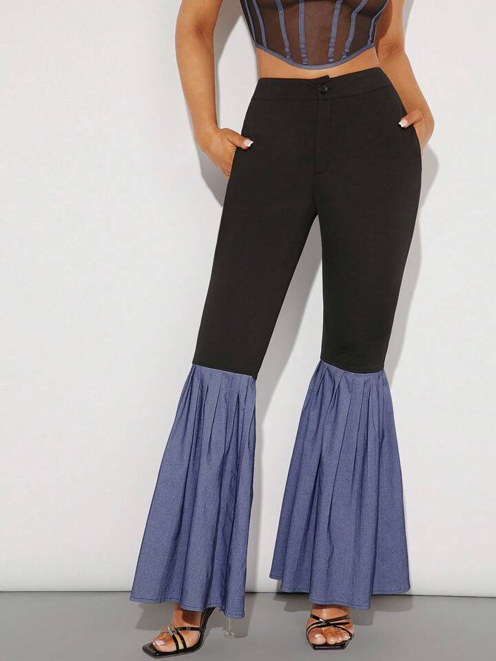 CM-BS553755 Women Casual Seoul Style Colorblock Pleated Flare Leg Pants