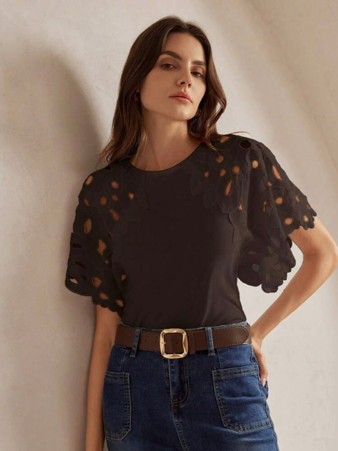 CM-TS648548 Women Elegant Seoul Style Solid Color Hollow-Out Short Sleeve T-Shirt - Coffee Brown