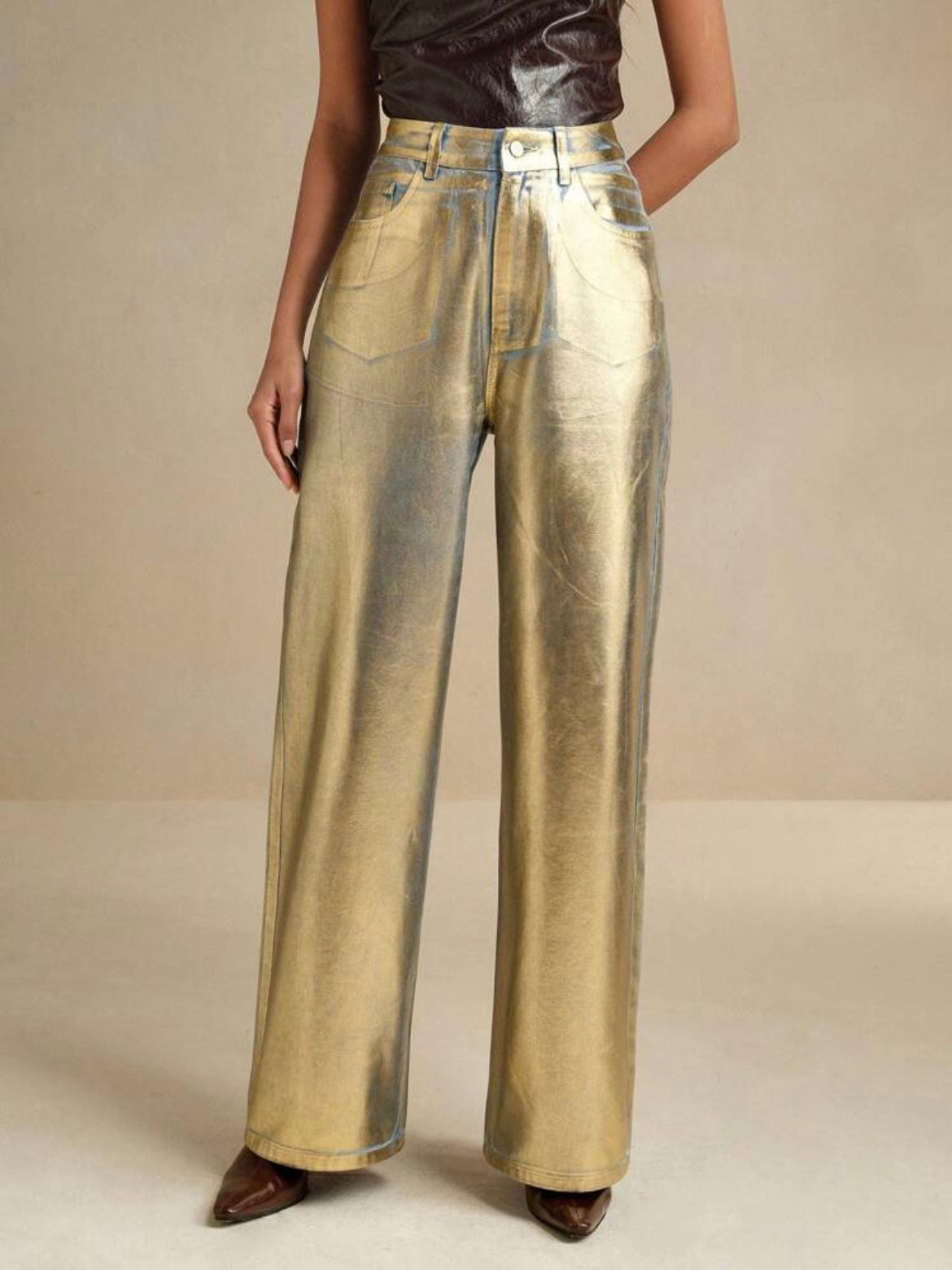 CM-BS820399 Women Elegant Seoul Style Metallic Patchwork Loose High Waist Straight Leg Jeans - Blue