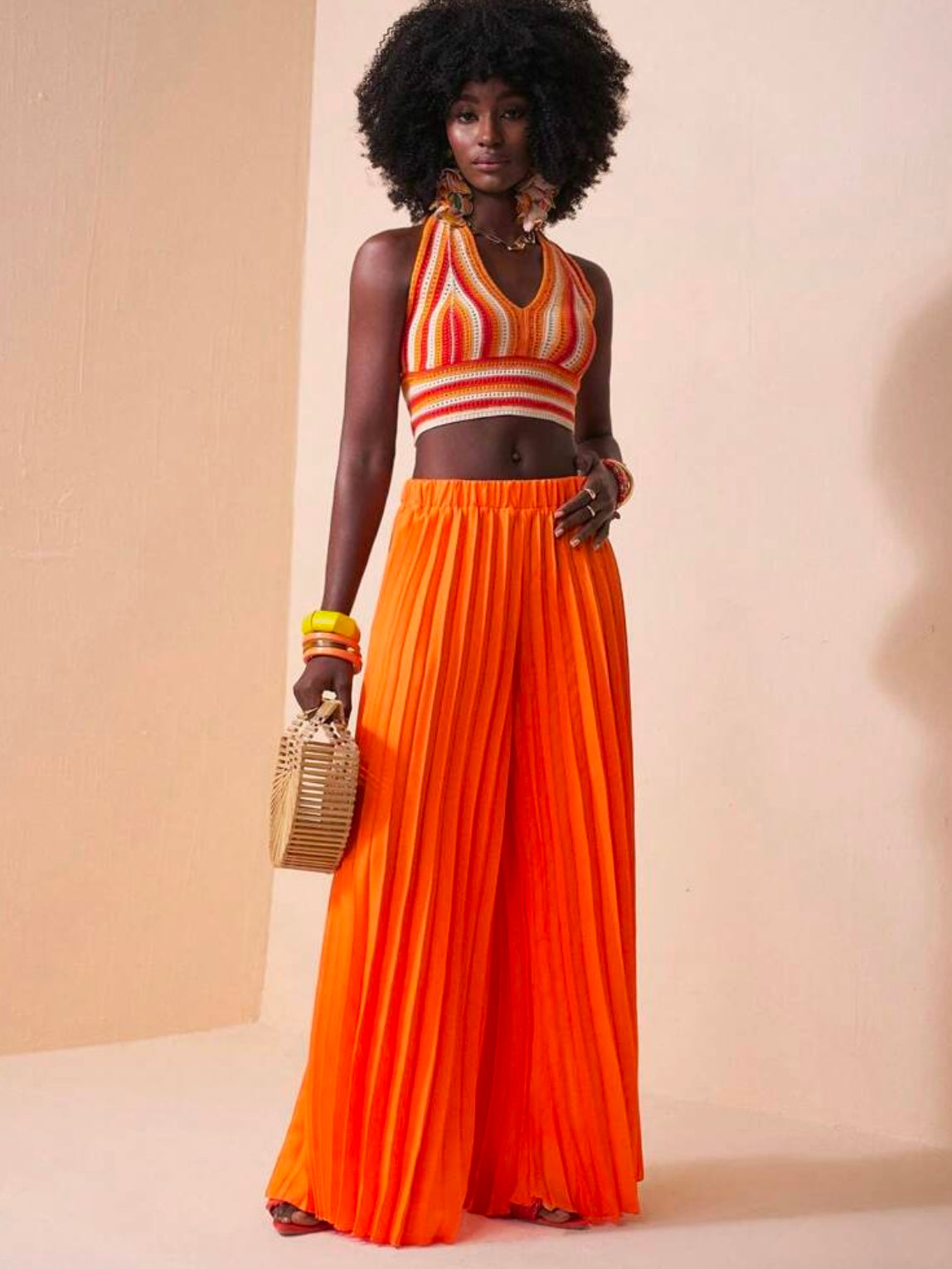 CM-BS882688 Women Trendy Bohemian Style Elastic Waist Pleated Large Hem Extra Long Wide Leg Pants - Orange