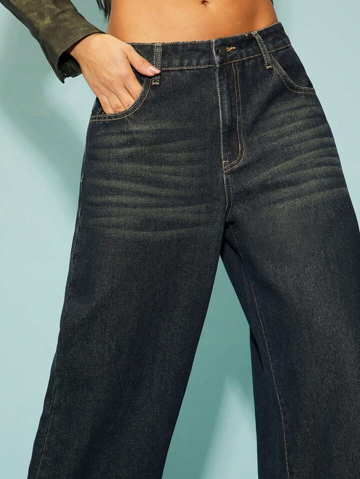 CM-BS841161 Women Elegant Seoul Style Dark Wash Front Button Pocket Wide Leg Jeans