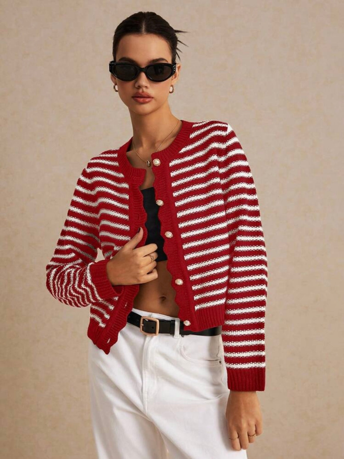 CM-CS697905 Women Casual Seoul Style Striped Print Button Front Long Sleeve Cardigan - Red