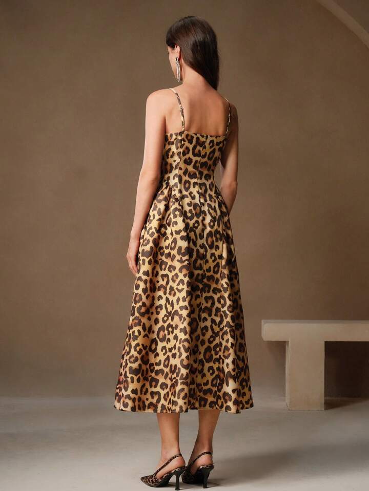 CM-DS030246 Women Elegant Seoul Style Spaghetti Strap Leopard Print Rhinestone Embellished Midi Dress