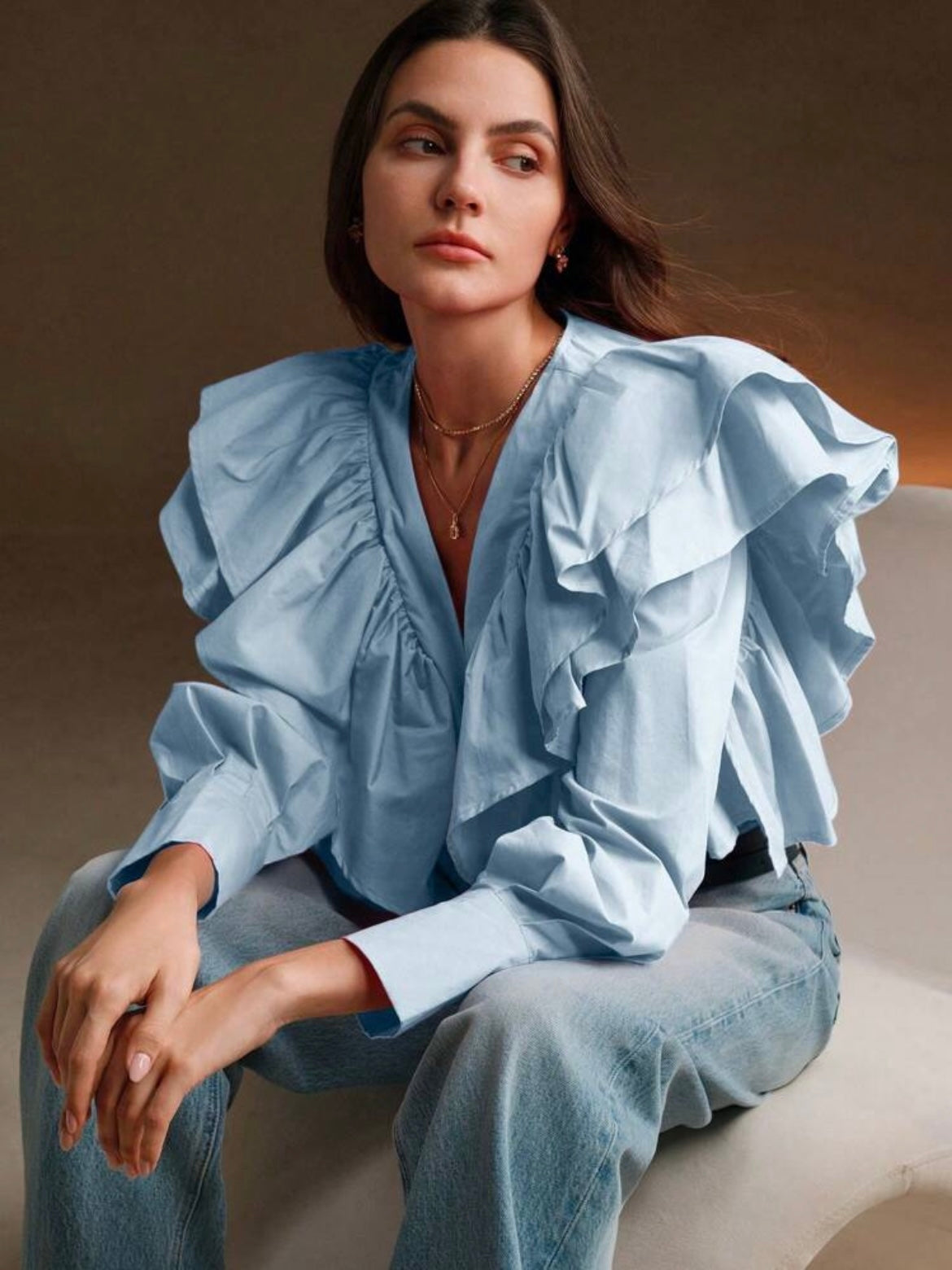 CM-TS179757 Women Elegant Seoul Style Exaggerated Ruffle V-Neck Long Sleeve Blouse - Blue