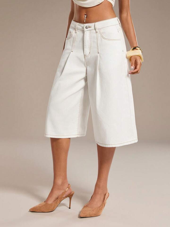 CM-BS133264 Women Casual Seoul Style Mid Waist Pockets Button Wide Leg Jeans - White