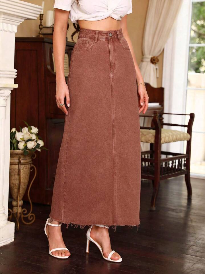 CM-BS539705 Women Elegant Seoul Style High Waisted Pocketed Frayed Hem Denim Skirt - Coffee Brown