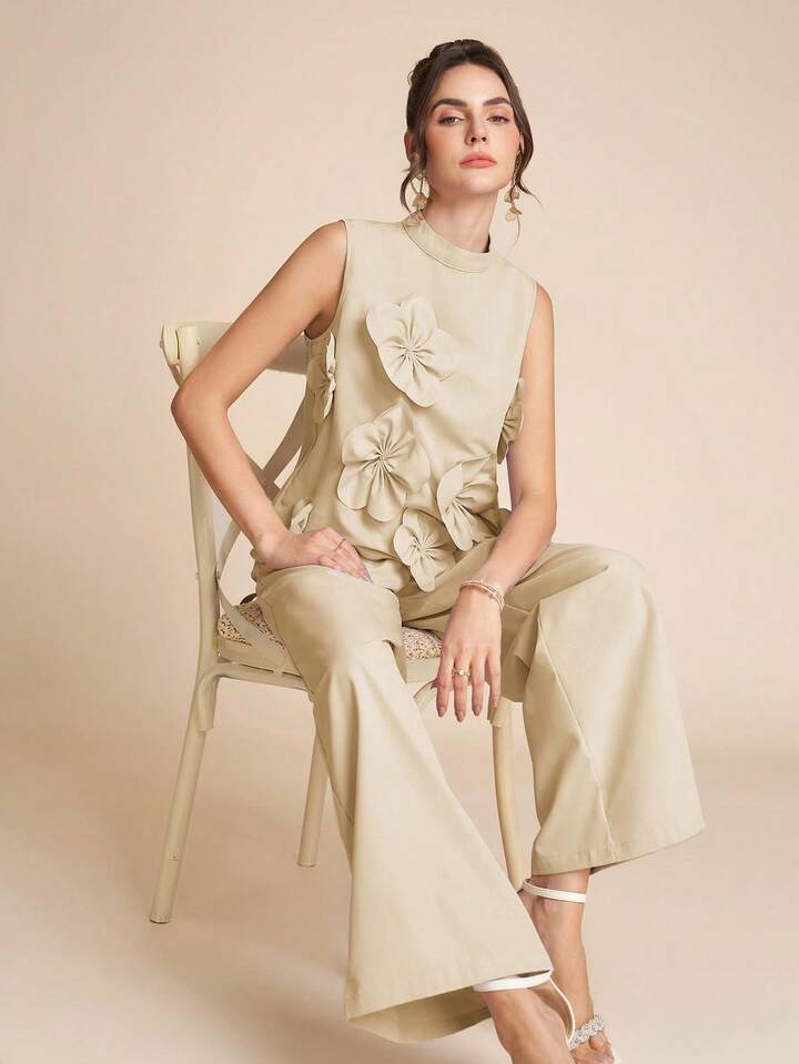 CM-SS359965 Women Elegant Seoul Style Stand Colllar Sleeveless 3D Floral Decor Top With Wide Leg Pants - Set