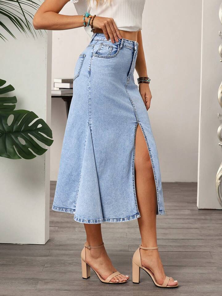 CM-BS277461 Women Casual Seoul Style Washed Slit Mermaid Hem Denim Skirt - Blue