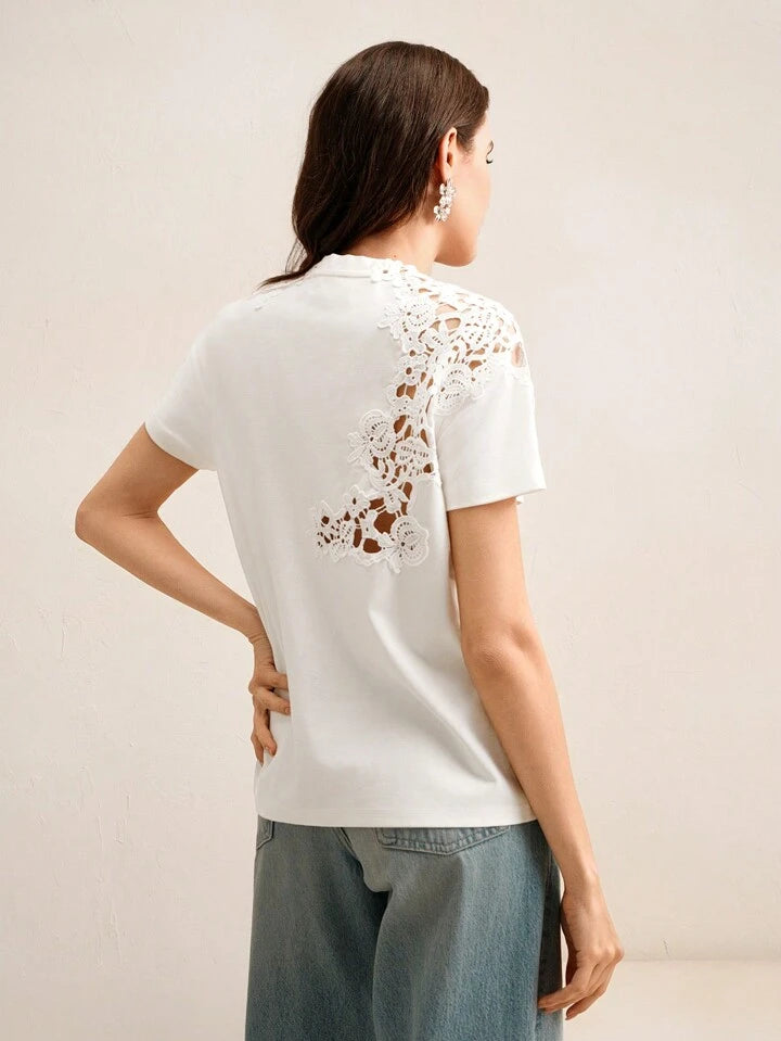 CM-TS688199 Women Casual Seoul Style Lace Crochet Patchwork Hollow Out Short Sleeve Blouse - White