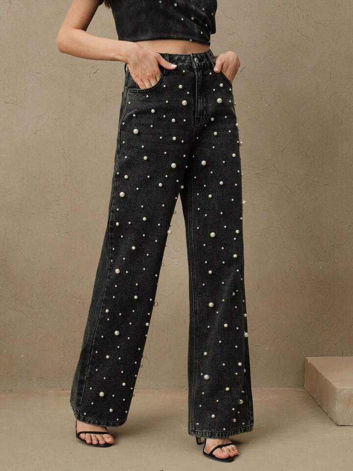 CM-BS791900 Women Casual Seoul Style High Waist Pearl Embellished Straight Loose Wide Leg Jeans - Black