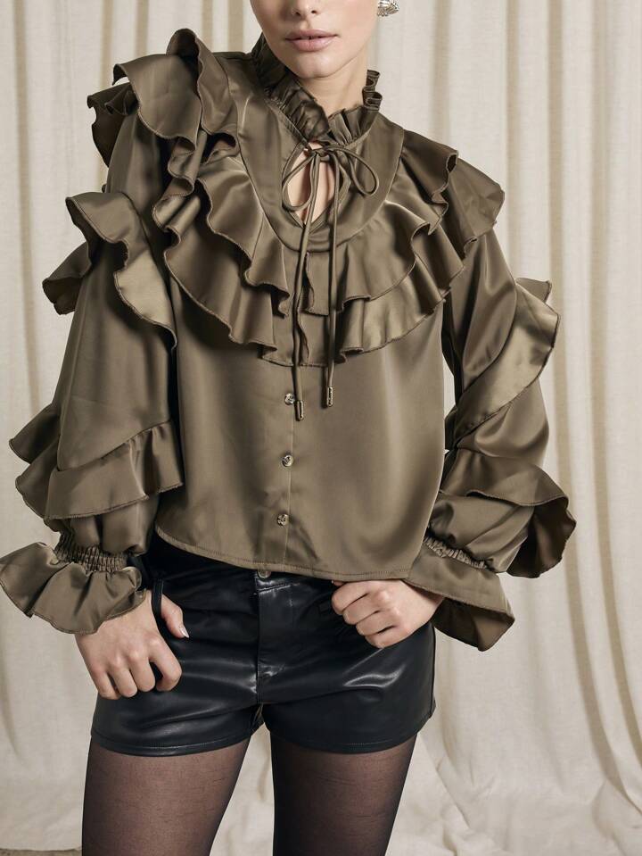 CM-TS920507 Women Elegant Seoul Style Keyhole Neckline Flounce Sleeve Satin Ruffle Blouse - Army Green