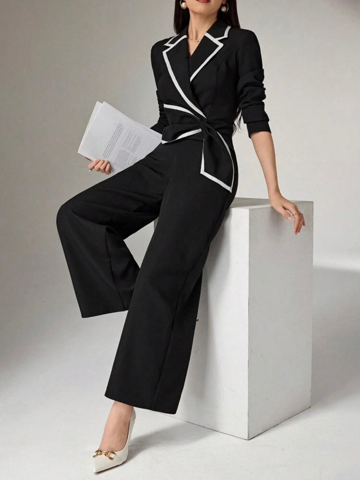 CM-JS132223 Women Elegant Seoul Style Collared Long Sleeve Cuffed Wide Leg Jumpsuit - Black