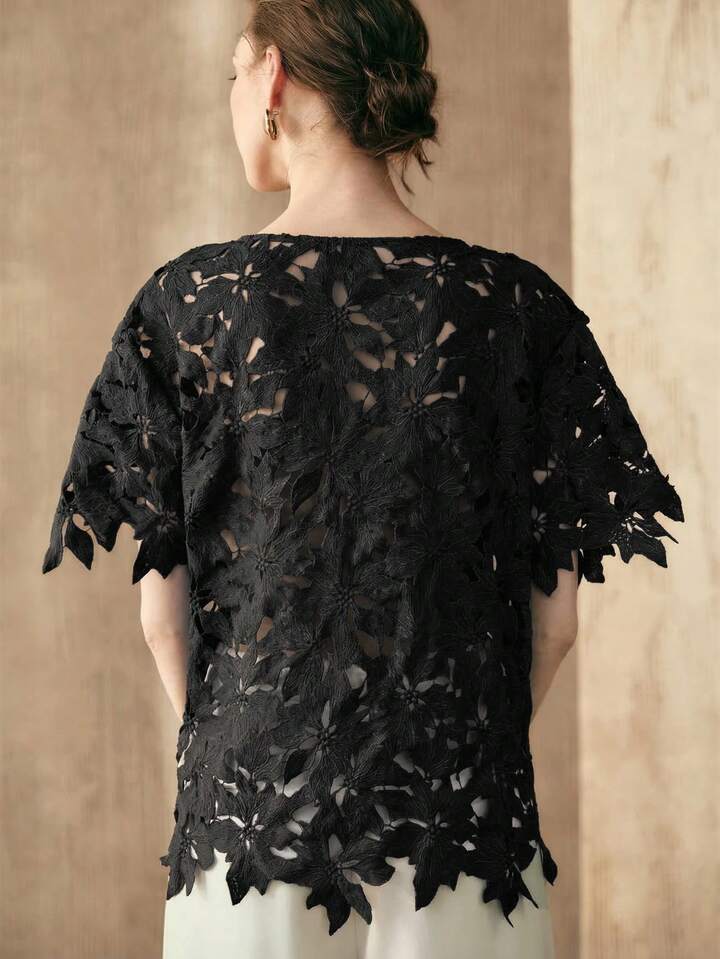CM-TS052635 Women Trendy Bohemian Style Embroidered Round Neck Short Sleeve Top - Black