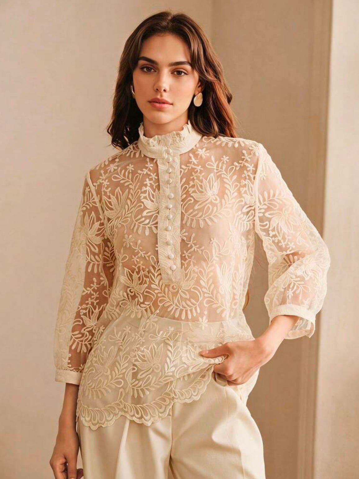 CM-TS392643 Women Elegant Seoul Style Hollow Stand Collar 3/4 Sleeve Embroidered Top - Apricot
