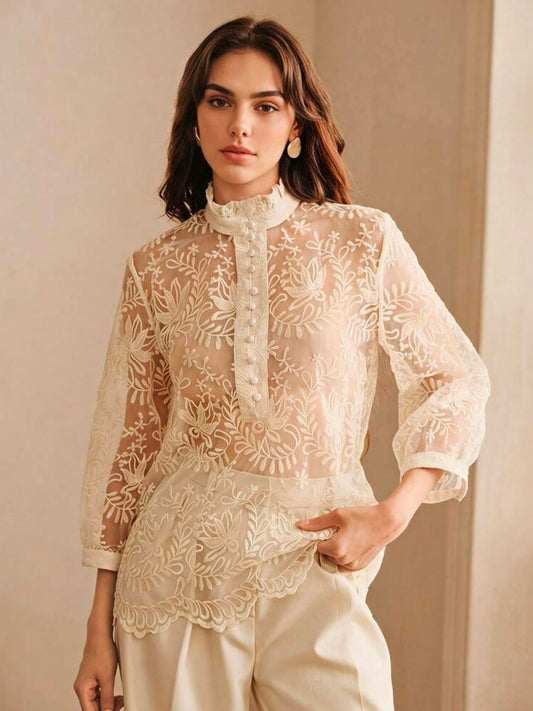 CM-TS392643 Women Elegant Seoul Style Hollow Stand Collar 3/4 Sleeve Embroidered Top - Apricot