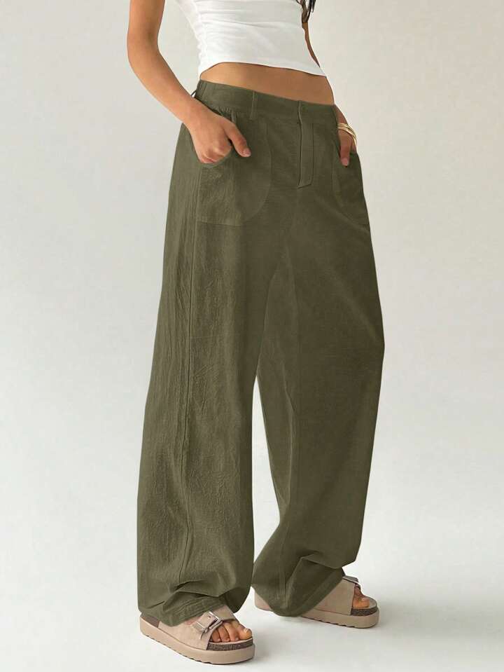 CM-BS270751 Women Casual Seoul Style Solid Color Low Waist Loose Straight Leg Pants - Army Green