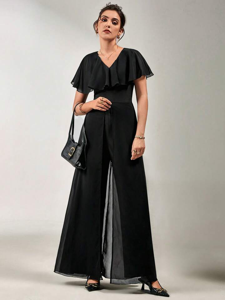 CM-JS857936 Women Elegant Seoul Style V-Neck Flounce Sleeve Ruffled Chiffon Jumpsuit - Black