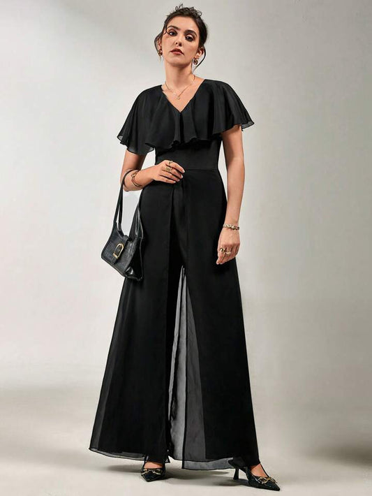 CM-JS857936 Women Elegant Seoul Style V-Neck Flounce Sleeve Ruffled Chiffon Jumpsuit - Black